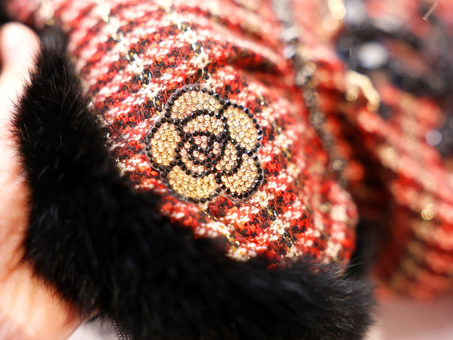 Pet Dress Classic Red Tweed  with Faux Fur Hem & Sequin Detail - Party Outfit