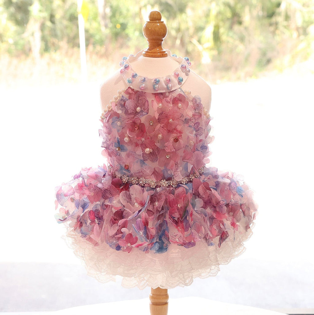 Pastel Floral Pet Dress with Pearl Collar & Lace Tutu - Party Outfit