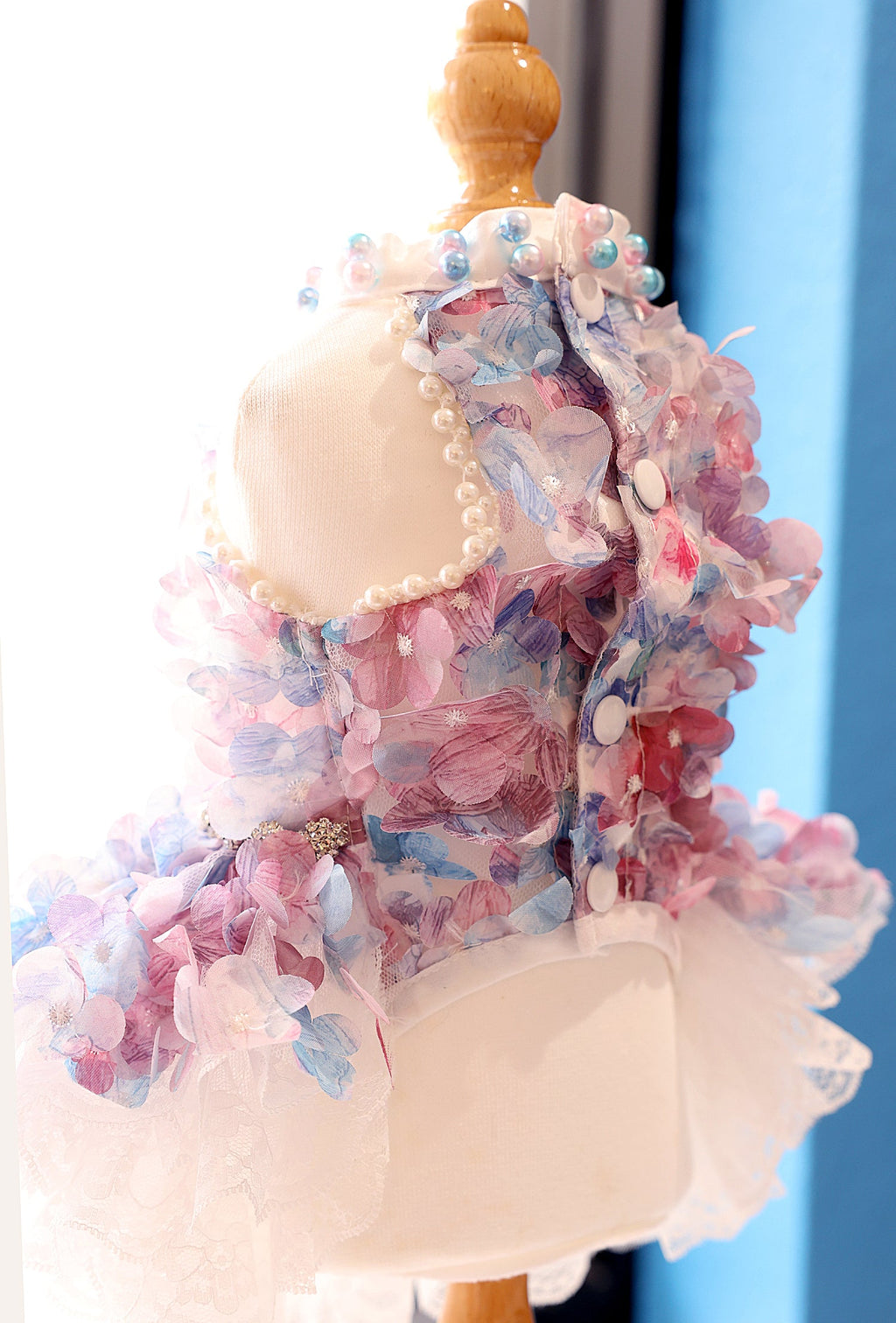 Pastel Floral Pet Dress with Pearl Collar & Lace Tutu - Party Outfit