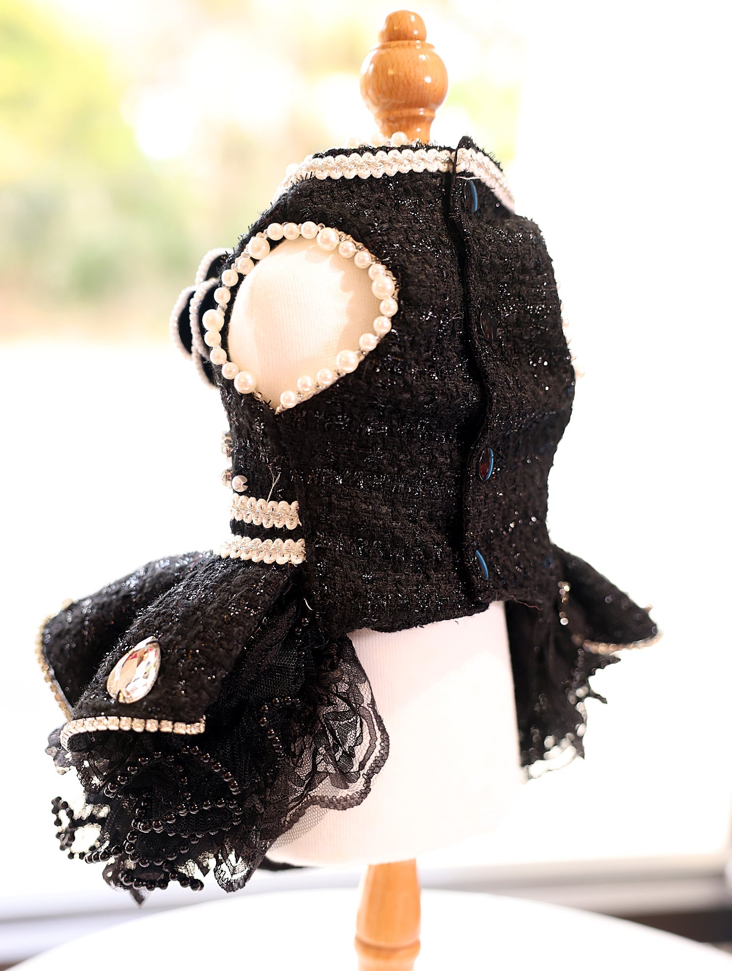 Pet Dress Black Tweed with Pearl Trim & Rhinestone Flower - Tutu Skirt