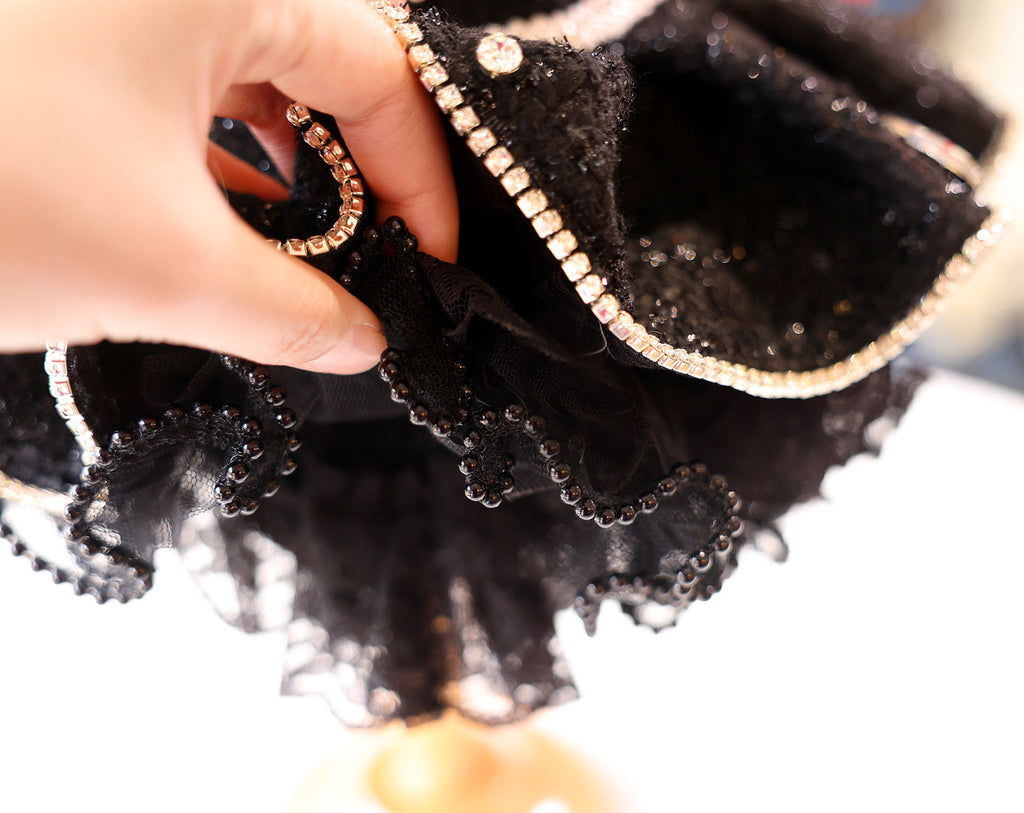 Pet Dress Black Tweed with Pearl Trim & Rhinestone Flower - Tutu Skirt