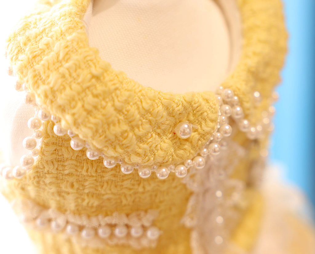 Pet Dress Yellow Tweed Pearls Collar with Lace Tutu - Boutique Party Outfit
