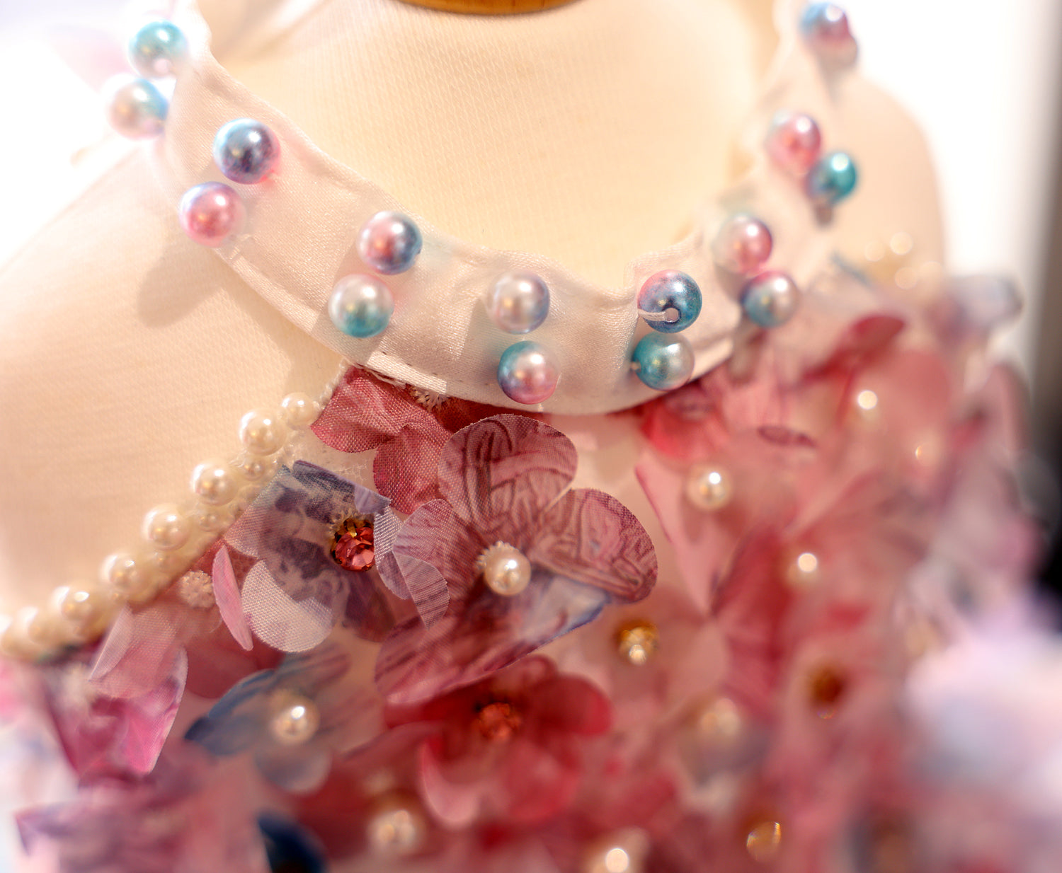 Pastel Floral Pet Dress with Pearl Collar & Lace Tutu - Party Outfit