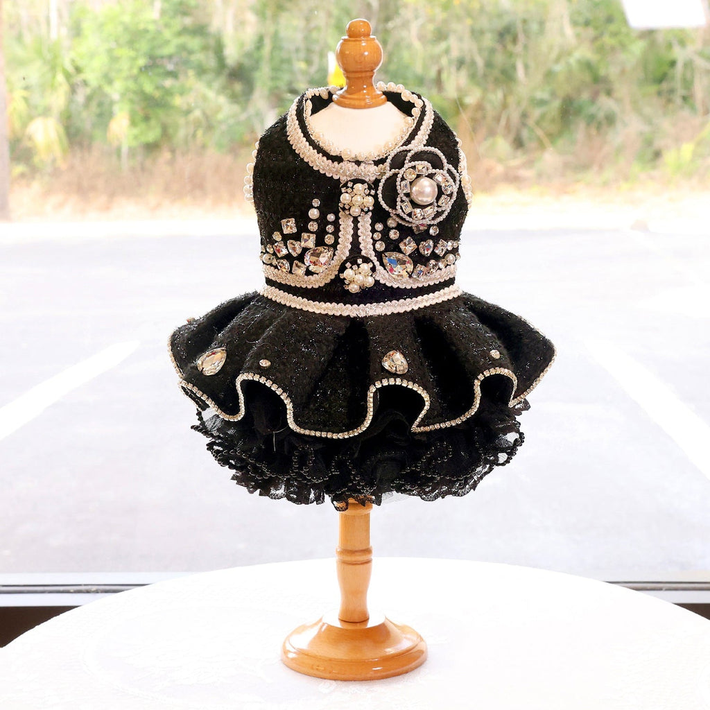 Pet Dress Black Tweed with Pearl Trim & Rhinestone Flower - Tutu Skirt