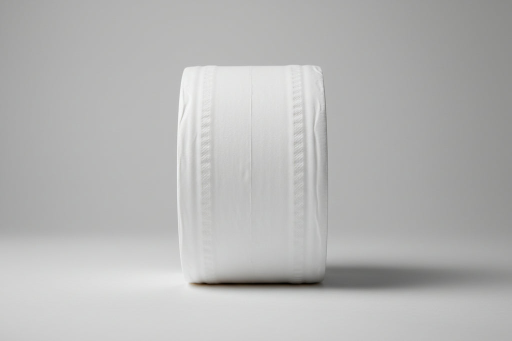 White fabric with a red label indicating width 3.5 inches, on a wooden surface.