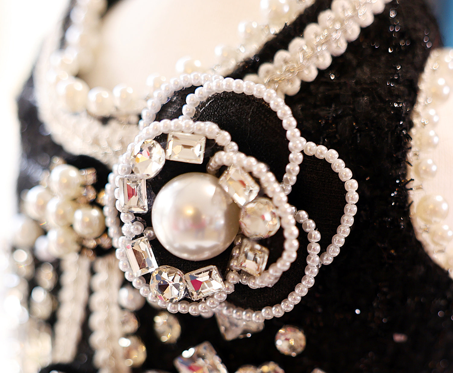 Pet Dress Black Tweed with Pearl Trim & Rhinestone Flower - Tutu Skirt