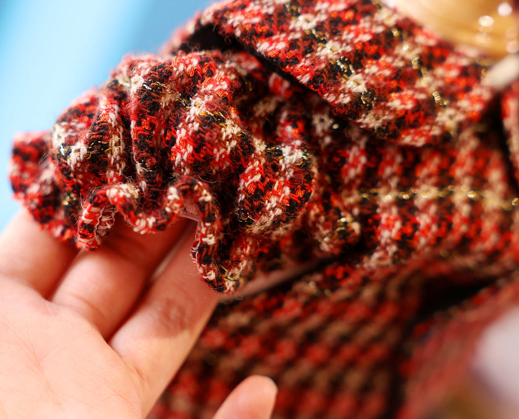 Pet Dress Classic Red Tweed  with Faux Fur Hem & Sequin Detail - Party Outfit