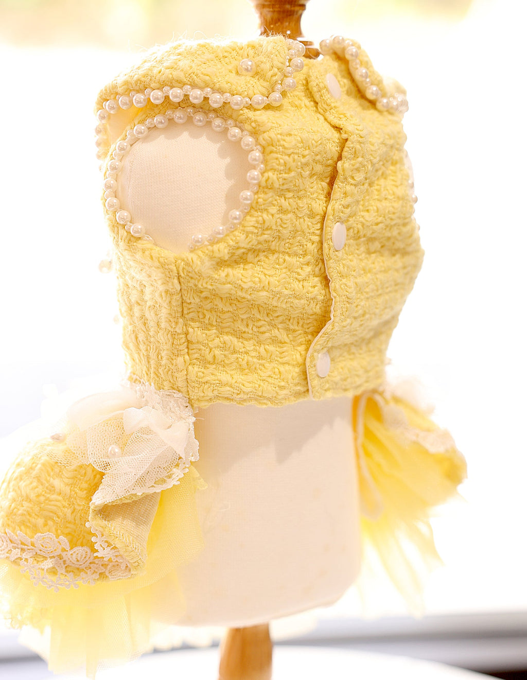 Pet Dress Yellow Tweed Pearls Collar with Lace Tutu - Boutique Party Outfit