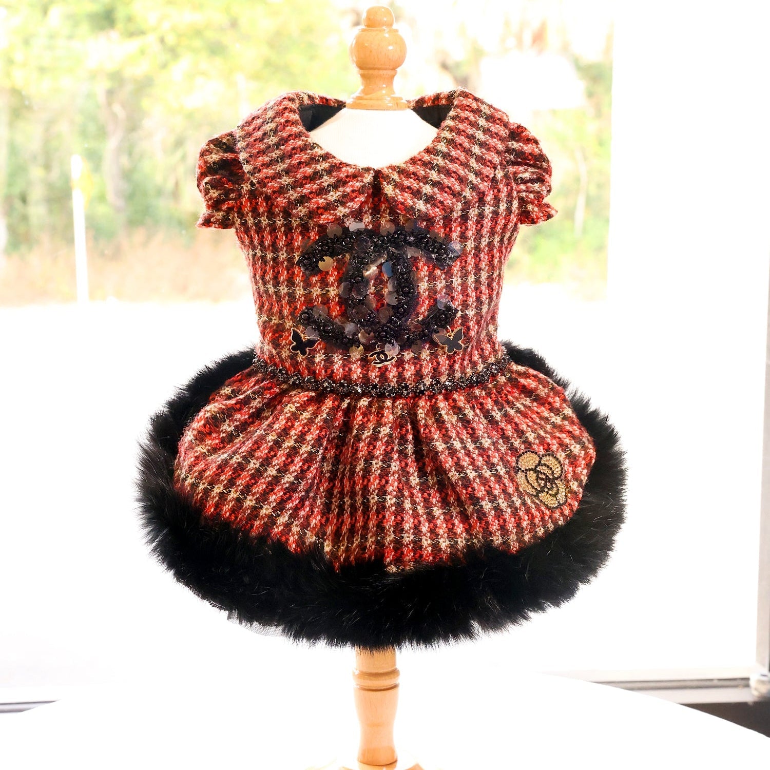 Pet Dress Classic Red Tweed  with Faux Fur Hem & Sequin Detail - Party Outfit