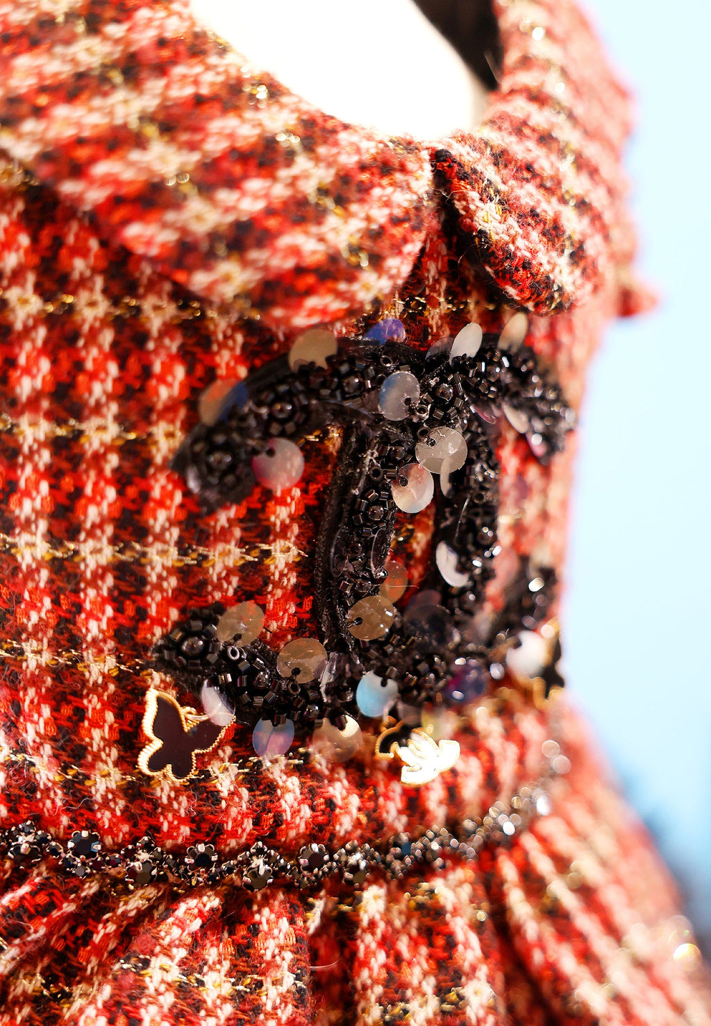 Pet Dress Classic Red Tweed  with Faux Fur Hem & Sequin Detail - Party Outfit