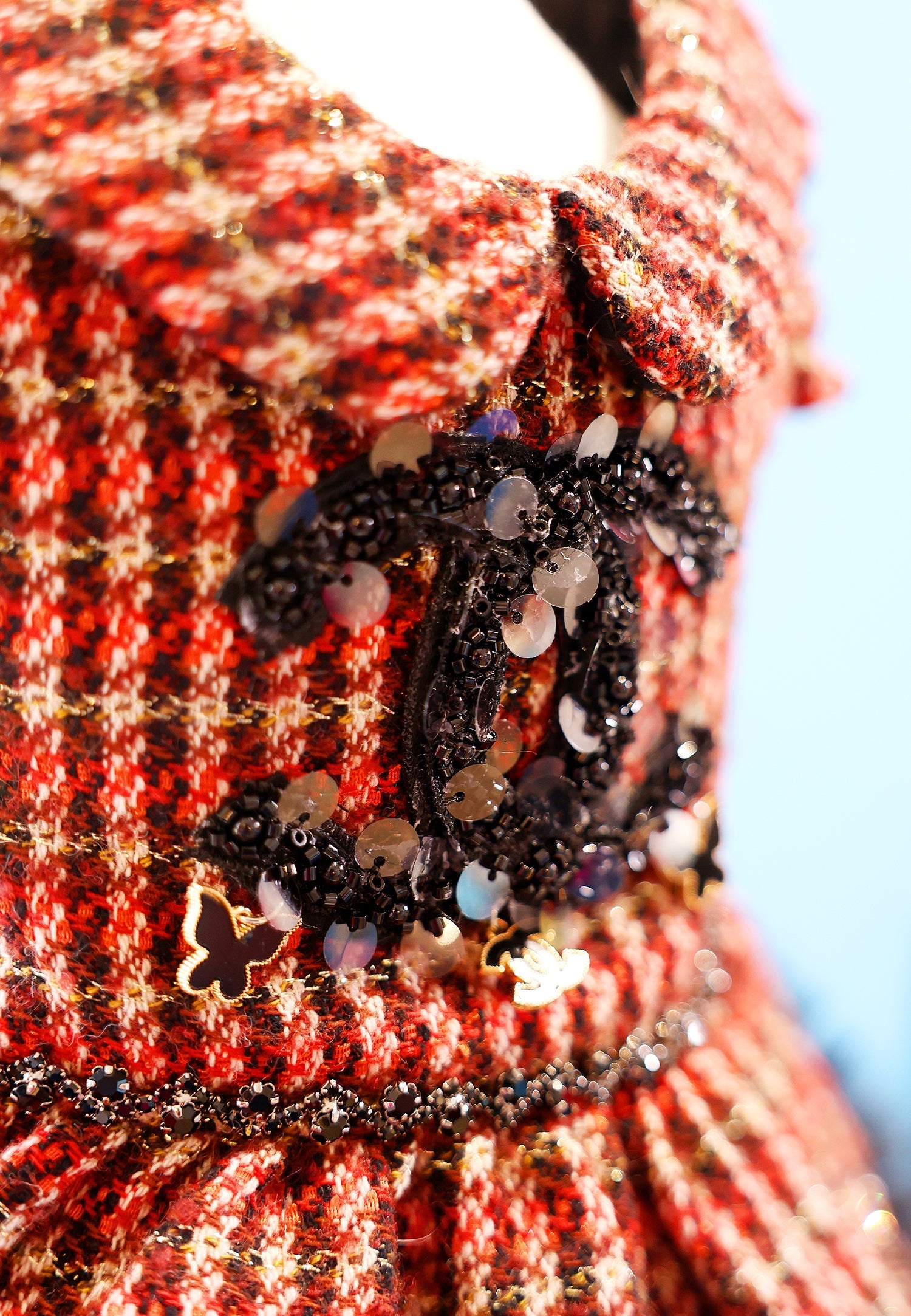 Pet Dress Classic Red Tweed  with Faux Fur Hem & Sequin Detail - Party Outfit