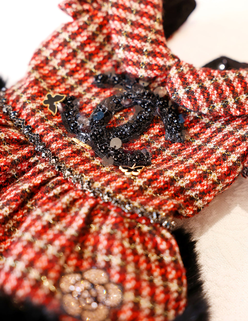 Pet Dress Classic Red Tweed  with Faux Fur Hem & Sequin Detail - Party Outfit