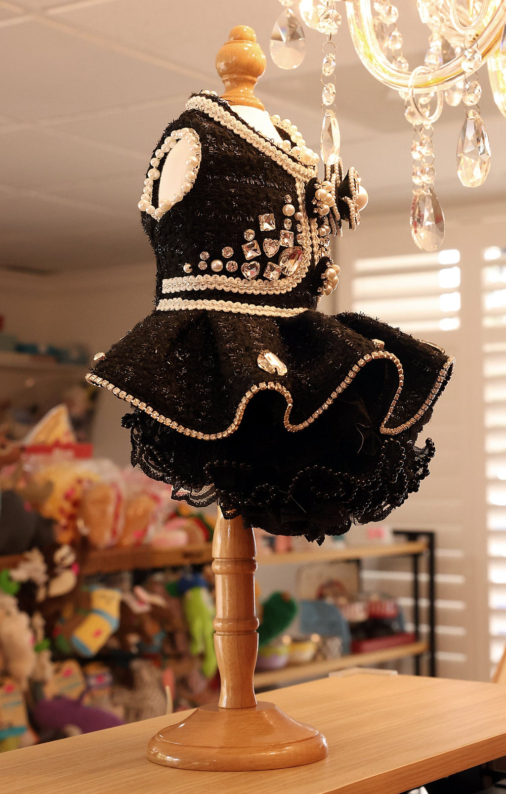 Pet Dress Black Tweed with Pearl Trim & Rhinestone Flower - Tutu Skirt