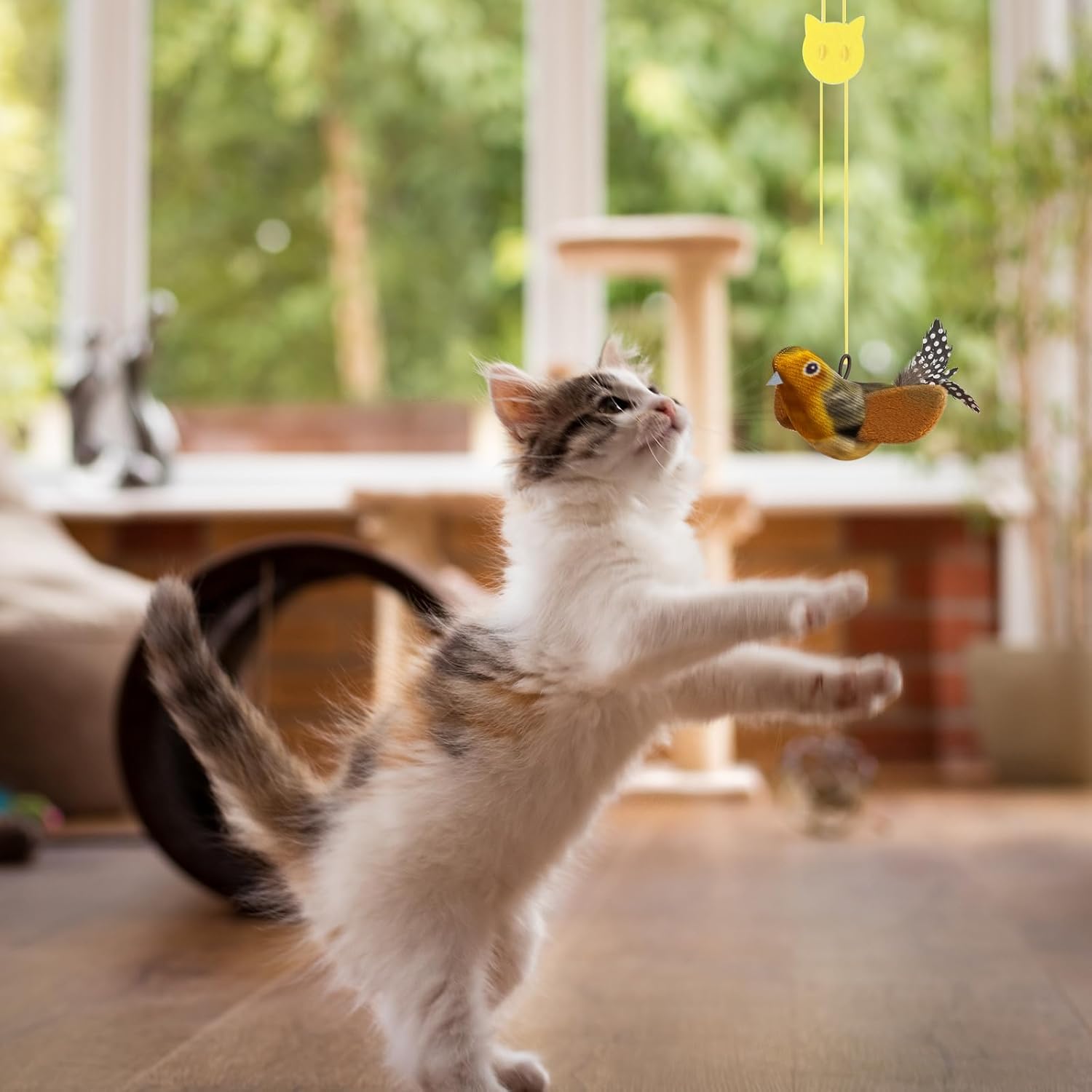 Hanging Bird Cat Toy with Elastic Cord, Suction Cup & Catnip