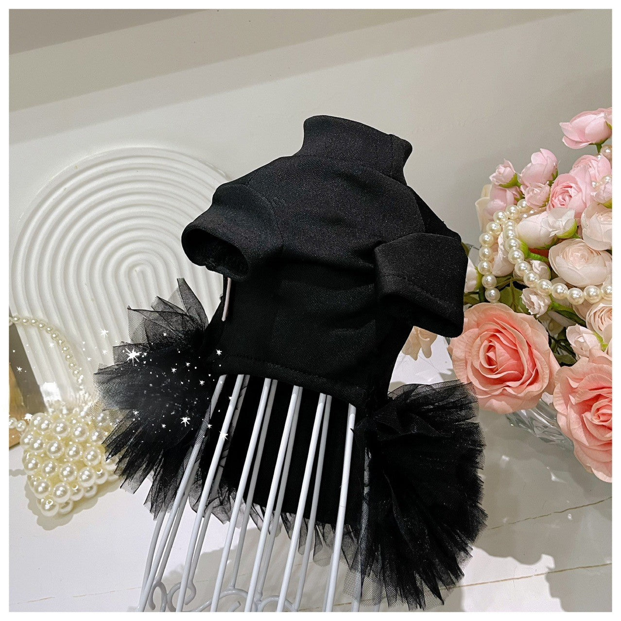 Black Pearl Sequin Pet Tutu Dress with 3D Flower - Formal Party Look