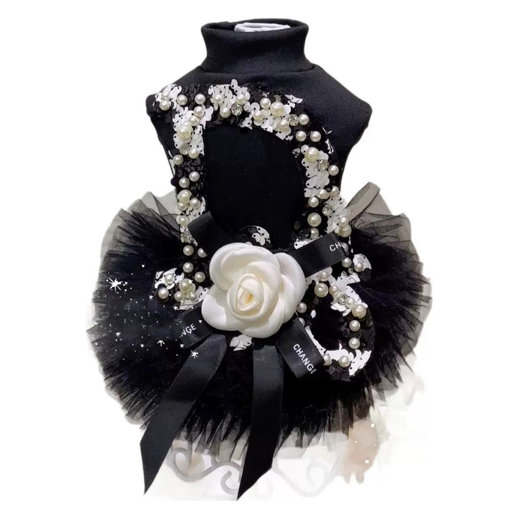 Black Pearl Sequin Pet Tutu Dress with 3D Flower - Formal Party Look